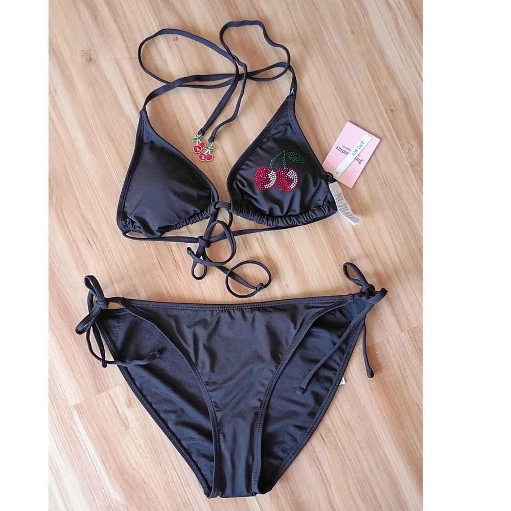 Juicy Couture Black Cherry Rhinestone Bikini Set Two‎ Piece Swimsuit Large Logo